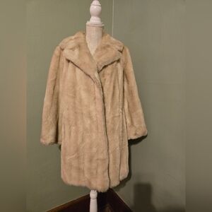 Vintage 60s 70s Tissavel Elegant Beige Faux Fur Coat Woman's with Collar Classic